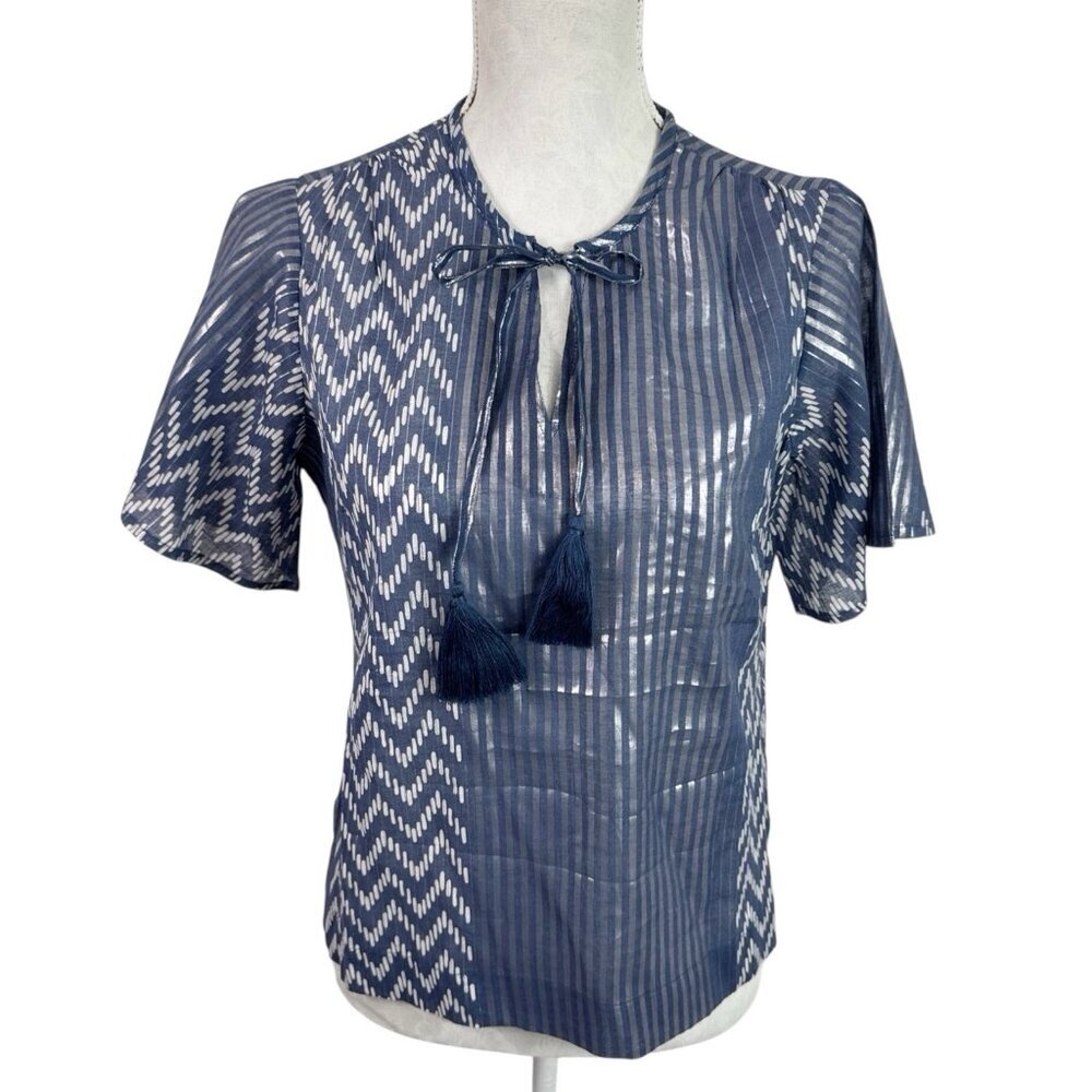 Soft Surroundings Women's Petite‎ S SS Blouse Navy Silver Metallic EUC